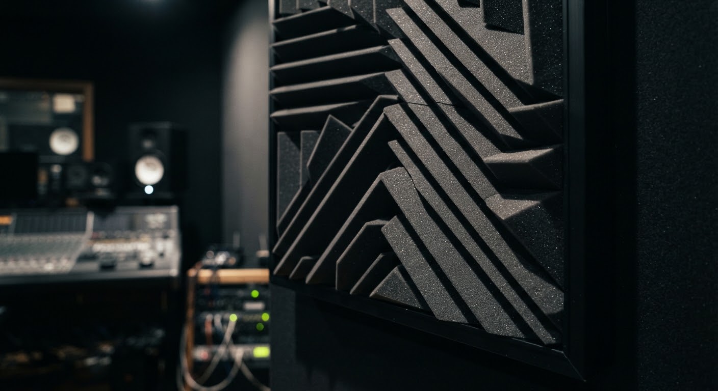 Panel de absorción acústica profesional instalado en muro técnico.