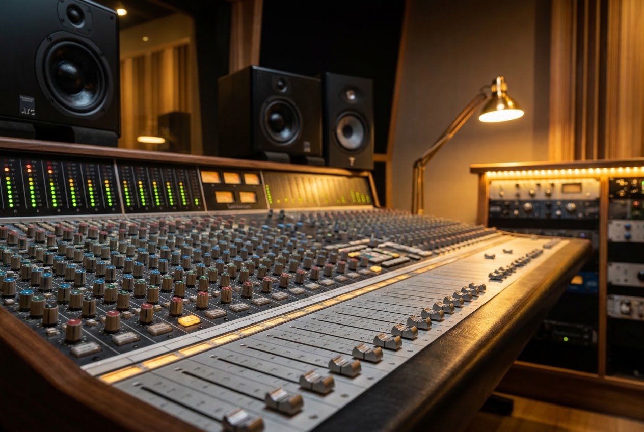 Consola de producción musical en estudio de grabación profesional.